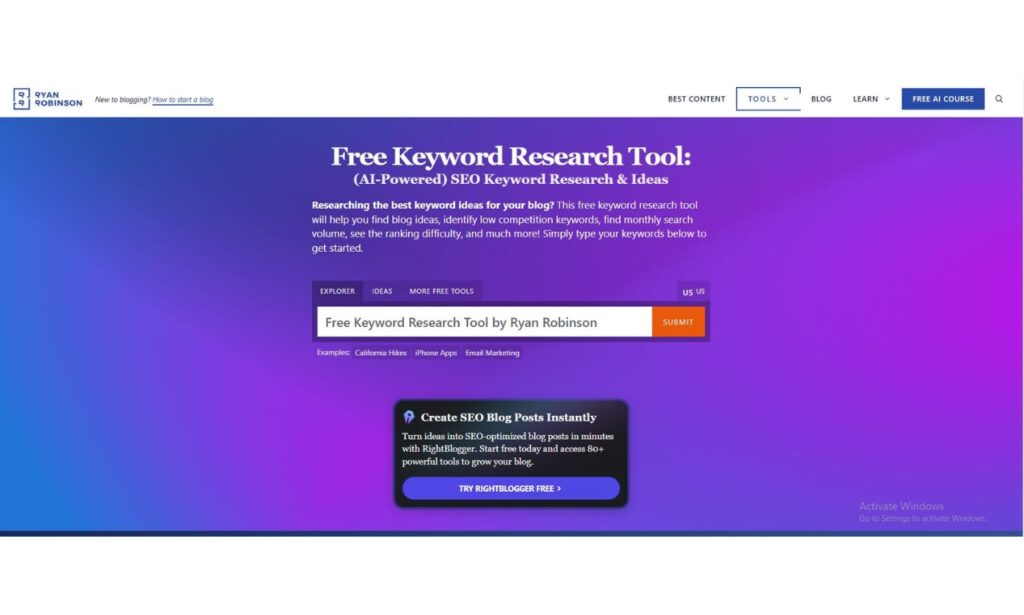 Free Keyword Research Tool by Ryan Robinson 2